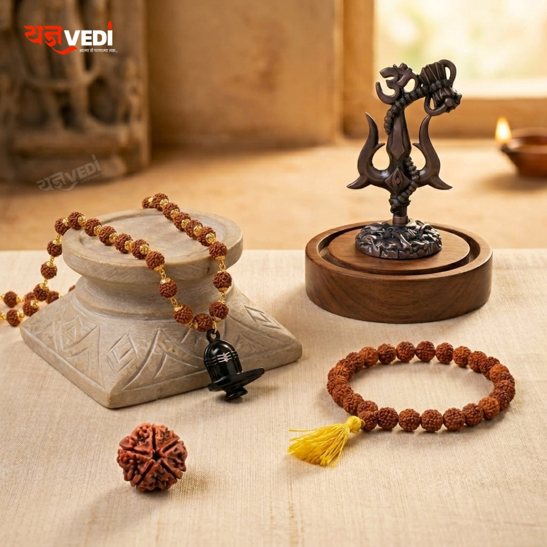 Gold Plated Rudraksha Shivling Locket Mala With Free Om Trishul Idol, 5 Mukhi Rudraksha Berkho & 5 Mukhi Rudraksha