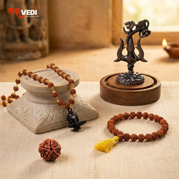 Gold Plated Rudraksha Shivling Locket Mala With Free Om Trishul Idol, 5 Mukhi Rudraksha Berkho & 5 Mukhi Rudraksha