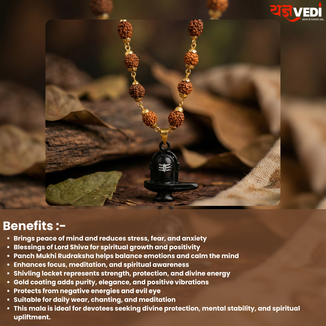 Gold Plated Rudraksha Shivling Locket Mala With Free 5 Mukhi Rudraksha Copper Bracelet & Ladies Karungali Bracelet