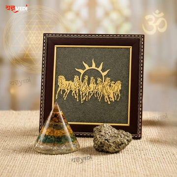 Business Growth Pyrite Energy Combo | Dhanyog Pyramid + Original Raw Pyrite Stone (50 gm) + 7 Horses Running Raw Pyrite Frame