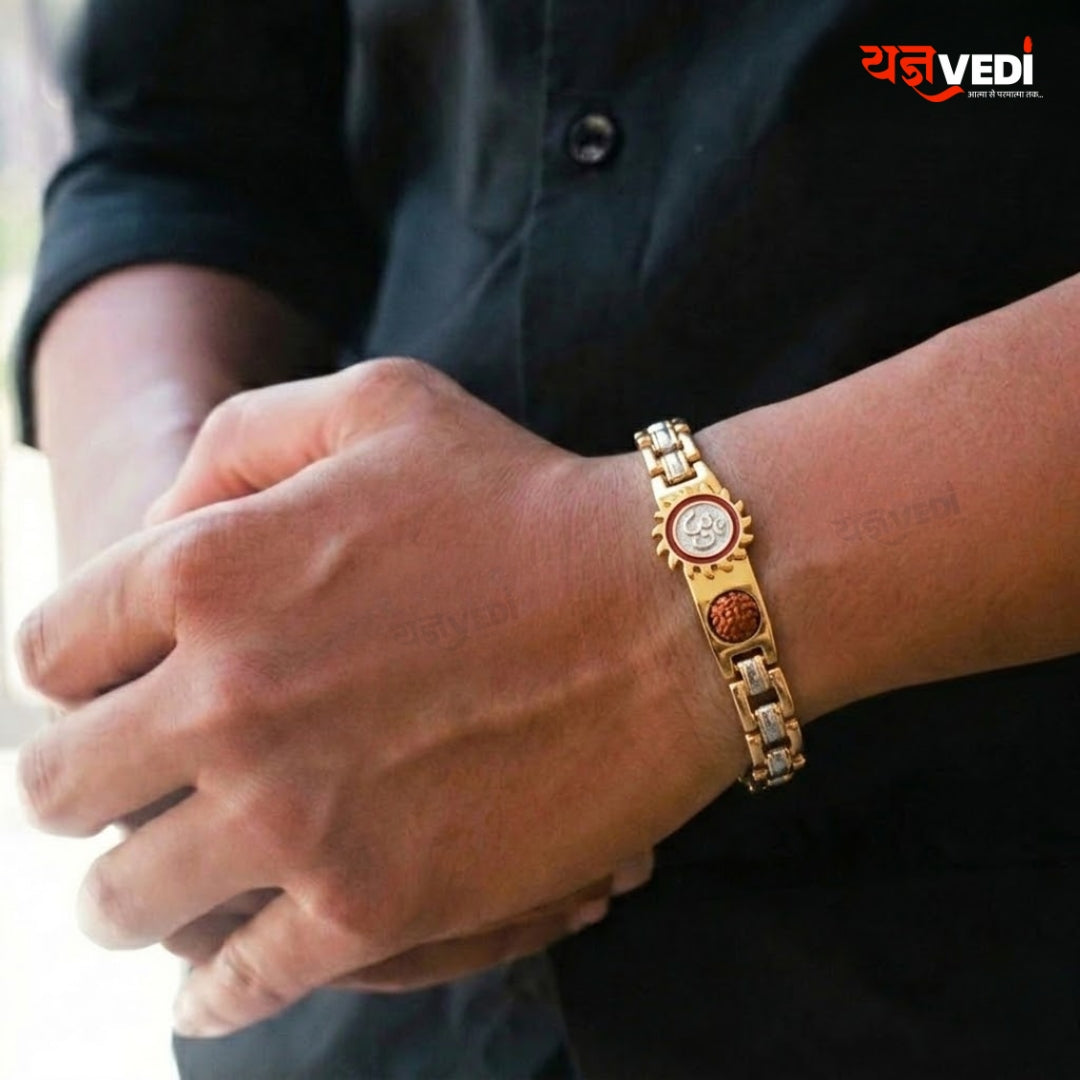 Gold Plated Essential Om Surya Rudraksha Chain Bracelet