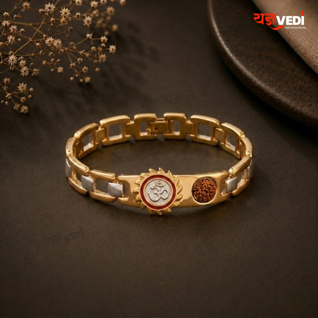 Gold Plated Essential Om Surya Rudraksha Chain Bracelet