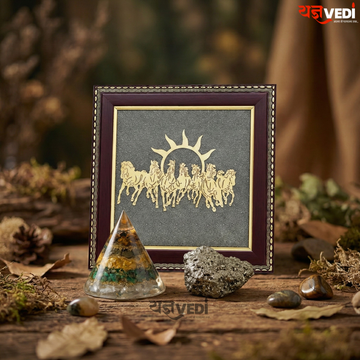 Business Growth Pyrite Energy Combo | Dhanyog Pyramid + Original Raw Pyrite Stone (50 gm) + 7 Horses Running Raw Pyrite Frame