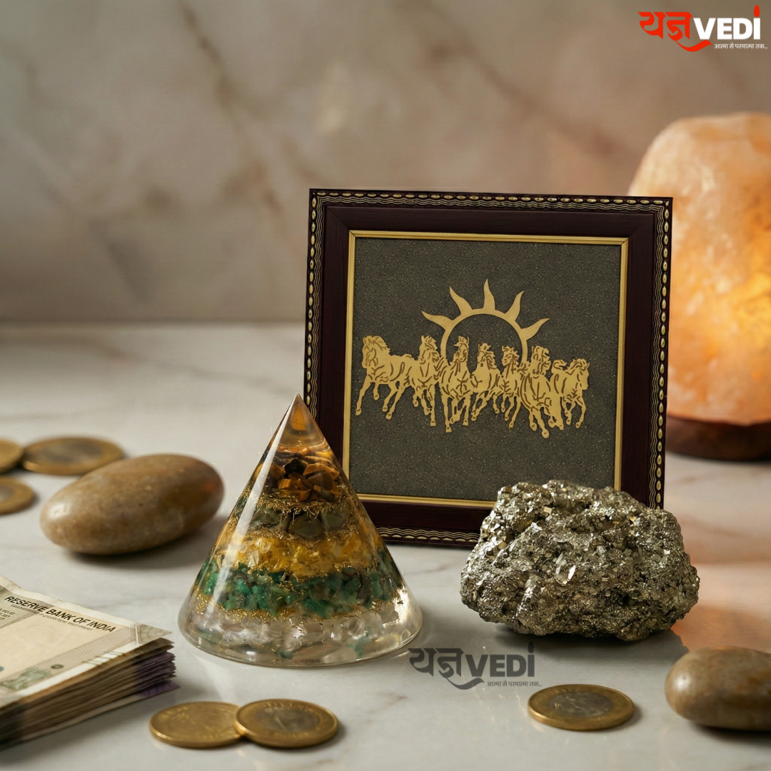 Business Growth Pyrite Energy Combo | Dhanyog Pyramid + Original Raw Pyrite Stone (50 gm) + 7 Horses Running Raw Pyrite Frame