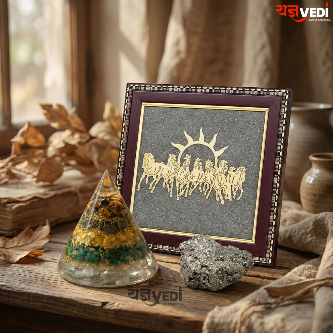 Business Growth Pyrite Energy Combo | Dhanyog Pyramid + Original Raw Pyrite Stone (50 gm) + 7 Horses Running Raw Pyrite Frame