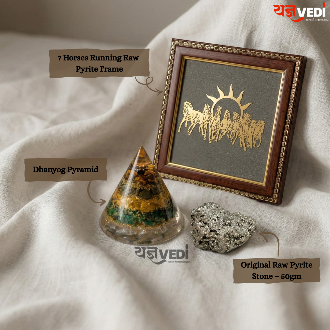 Business Growth Pyrite Energy Combo | Dhanyog Pyramid + Original Raw Pyrite Stone (50 gm) + 7 Horses Running Raw Pyrite Frame