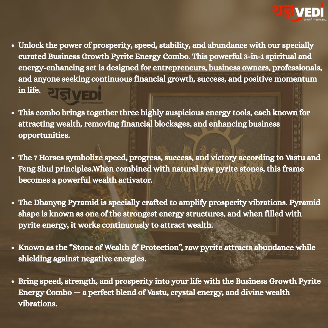 Business Growth Pyrite Energy Combo | Dhanyog Pyramid + Original Raw Pyrite Stone (50 gm) + 7 Horses Running Raw Pyrite Frame