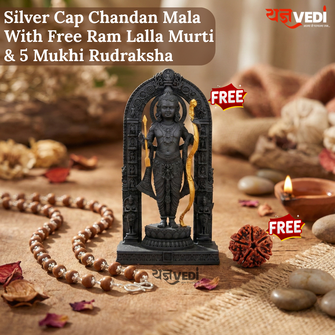 Silver Cap Original Chandan Mala - With Free Ram Lalla Murti & 5 Mukhi Rudraksha