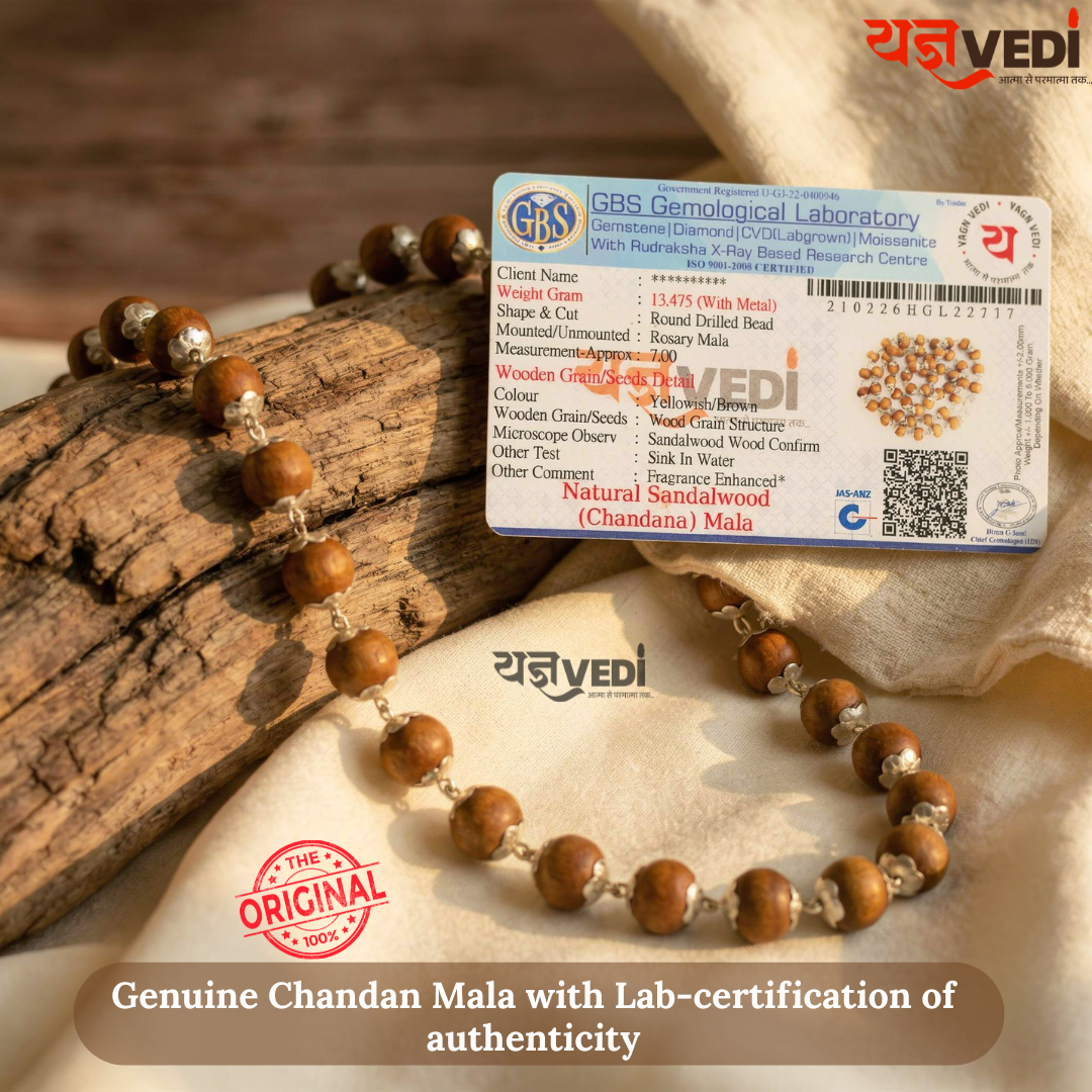Silver Cap Original Chandan Mala - With Free Ram Lalla Murti & 5 Mukhi Rudraksha