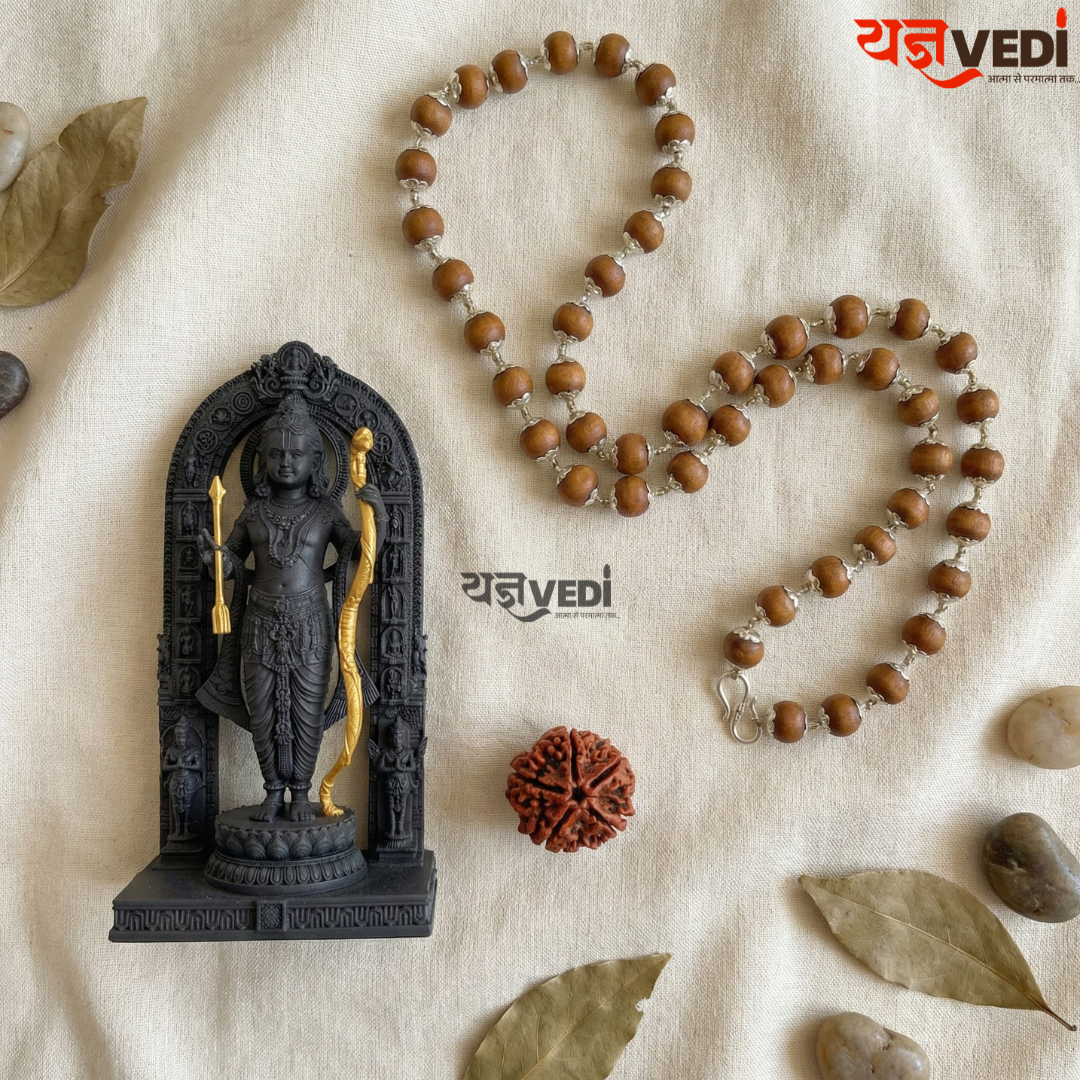 Silver Cap Original Chandan Mala - With Free Ram Lalla Murti & 5 Mukhi Rudraksha
