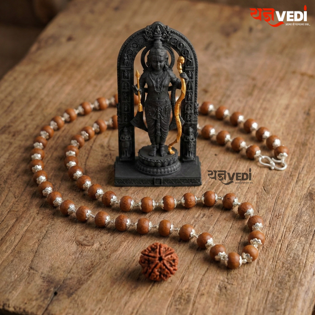 Silver Cap Original Chandan Mala - With Free Ram Lalla Murti & 5 Mukhi Rudraksha