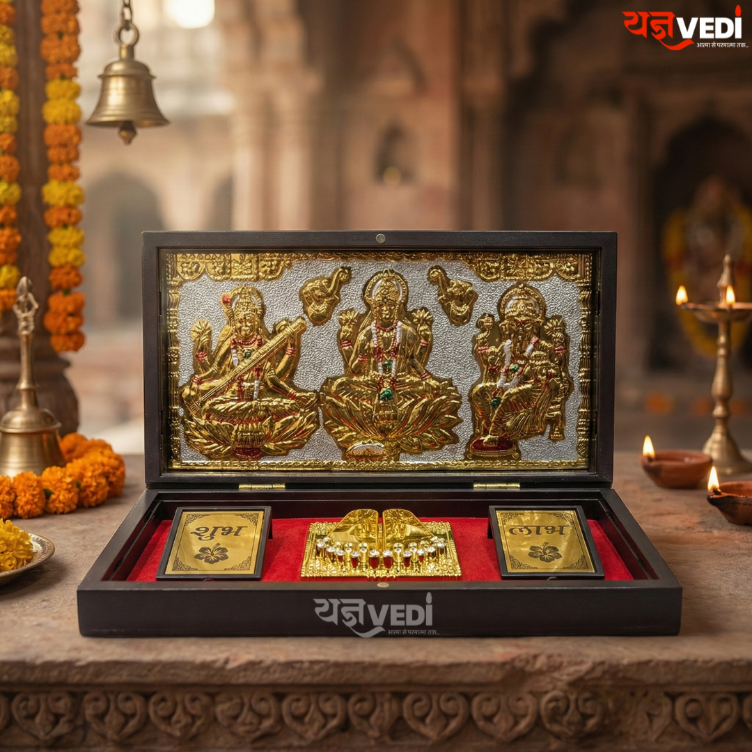 Gold Plated Lakshmi Ganesh Saraswati Charan Paduka Pooja Box