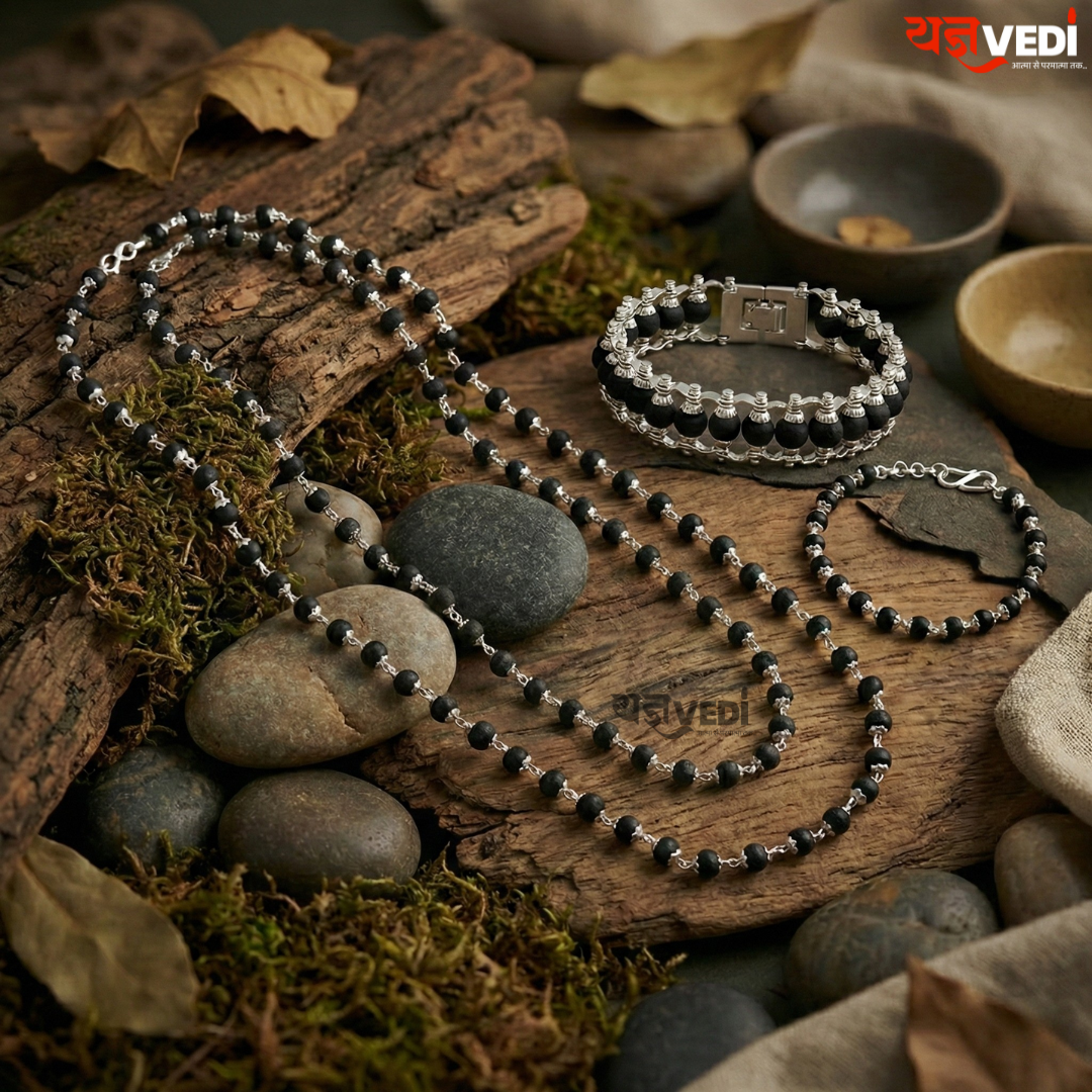 Karungali Mala + Bracelet Couple Combo With Free 5 Mukhi Rudraksha