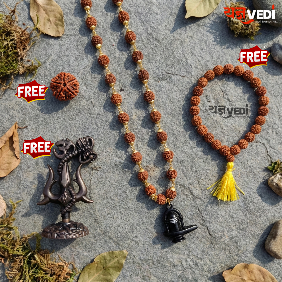 Gold Plated Rudraksha Shivling Locket Mala With Free Om Trishul Idol, 5 Mukhi Rudraksha Berkho & 5 Mukhi Rudraksha