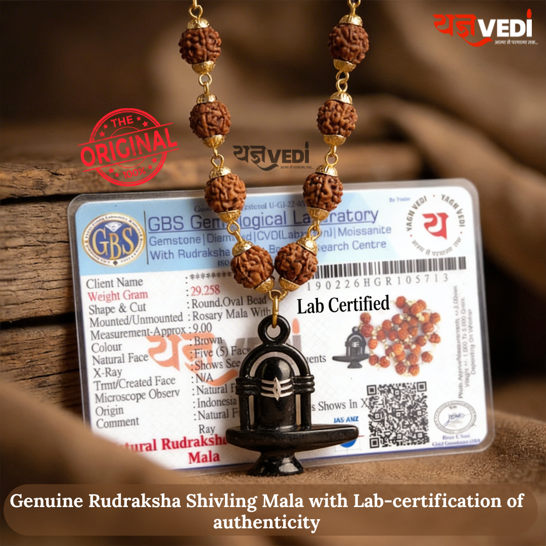 Gold Plated Rudraksha Shivling Locket Mala With Free Om Trishul Idol, 5 Mukhi Rudraksha Berkho & 5 Mukhi Rudraksha