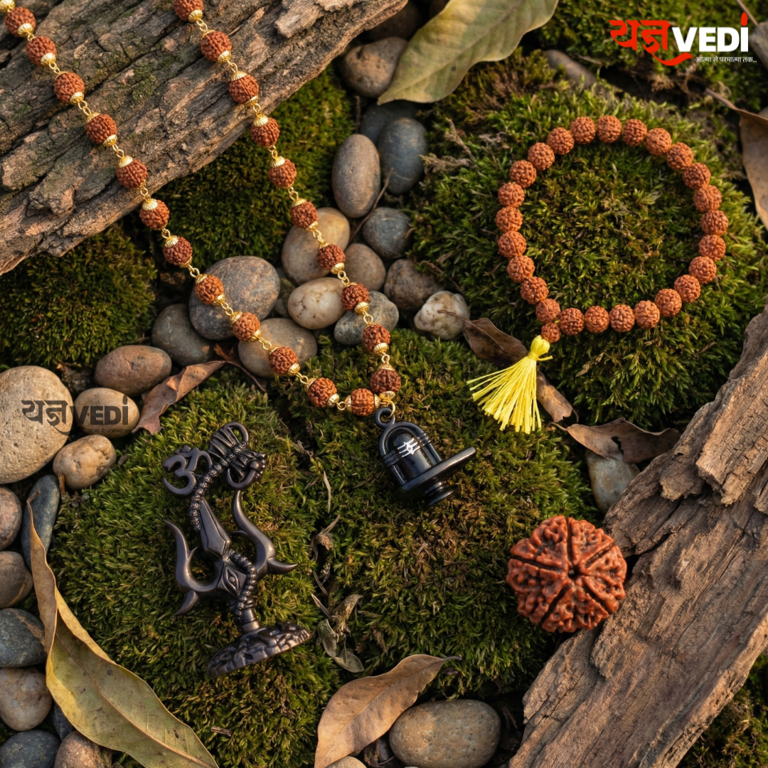 Gold Plated Rudraksha Shivling Locket Mala With Free Om Trishul Idol, 5 Mukhi Rudraksha Berkho & 5 Mukhi Rudraksha