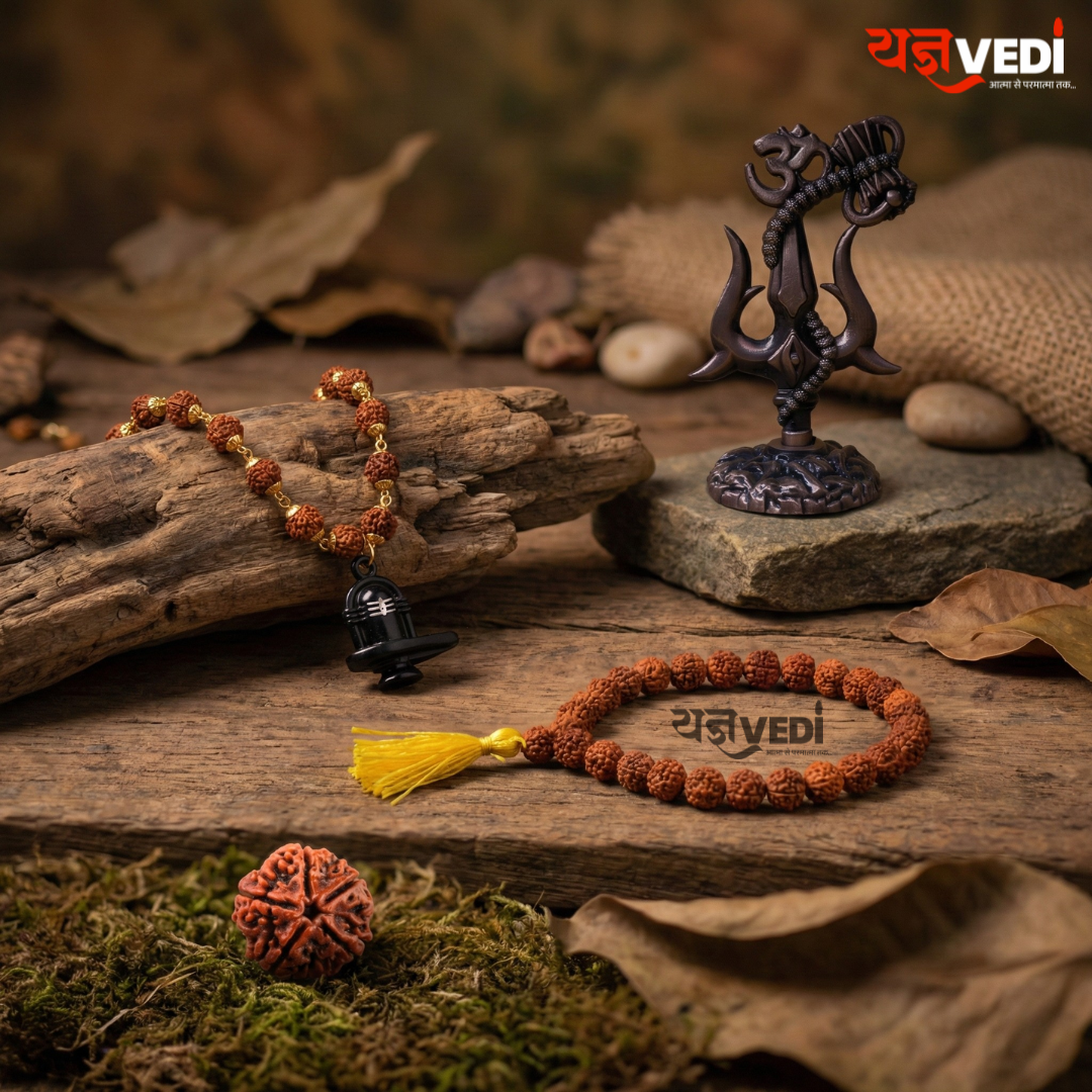 Gold Plated Rudraksha Shivling Locket Mala With Free Om Trishul Idol, 5 Mukhi Rudraksha Berkho & 5 Mukhi Rudraksha