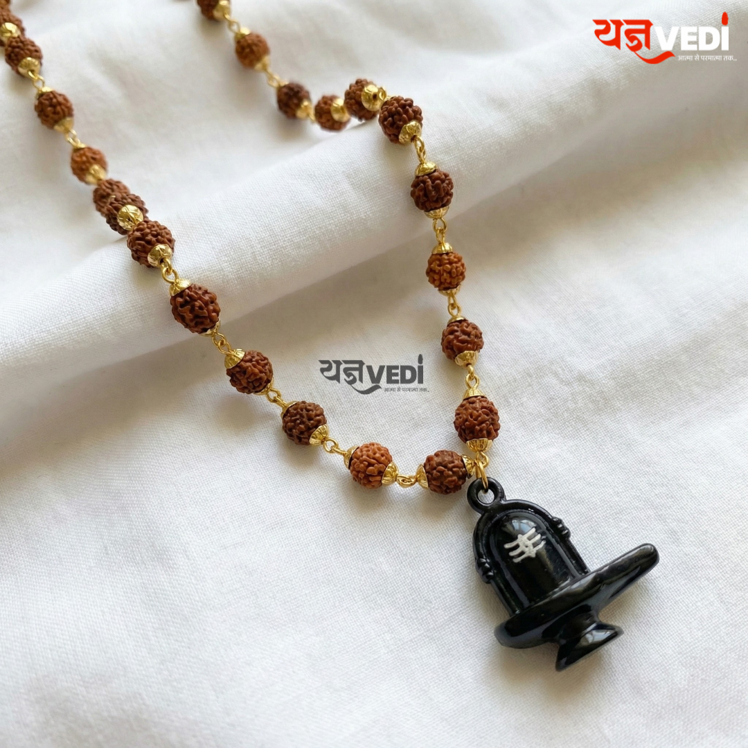 Gold Plated Rudraksha Shivling Locket Mala With Free Om Trishul Idol, 5 Mukhi Rudraksha Berkho & 5 Mukhi Rudraksha