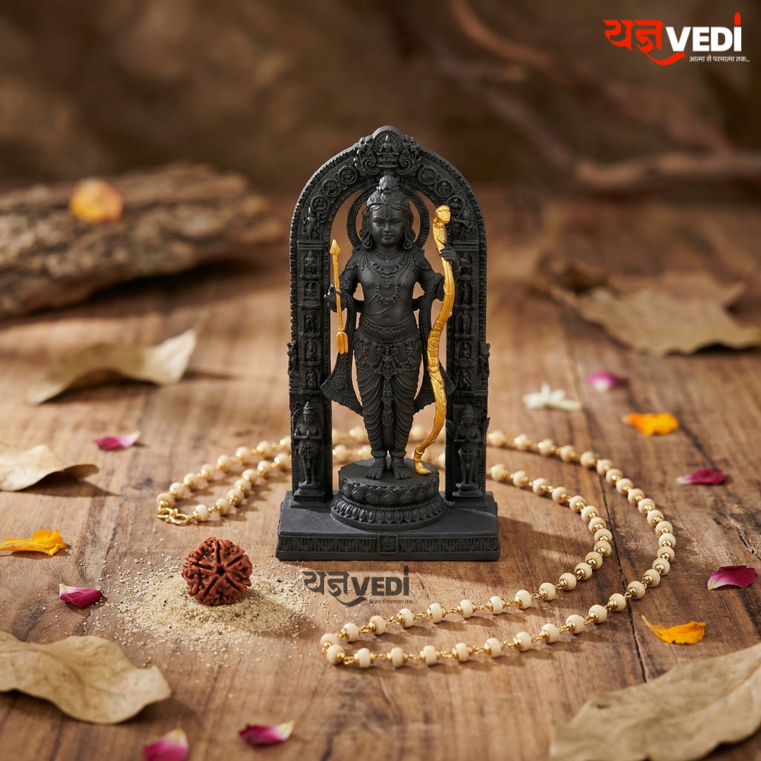 Gold Plated Original  Tulsi Mala – With Free Ram Lalla Murti & 5 Mukhi Rudraksha