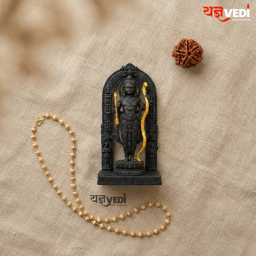 Gold Plated Original  Tulsi Mala – With Free Ram Lalla Murti & 5 Mukhi Rudraksha